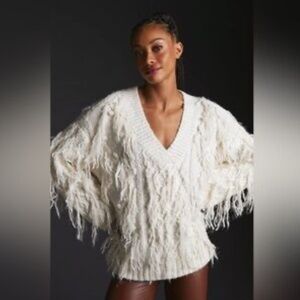 Anthropologie Shaggy Fringe Cable Knit V-Neck Sweater Cream Gold Shimmer Size S